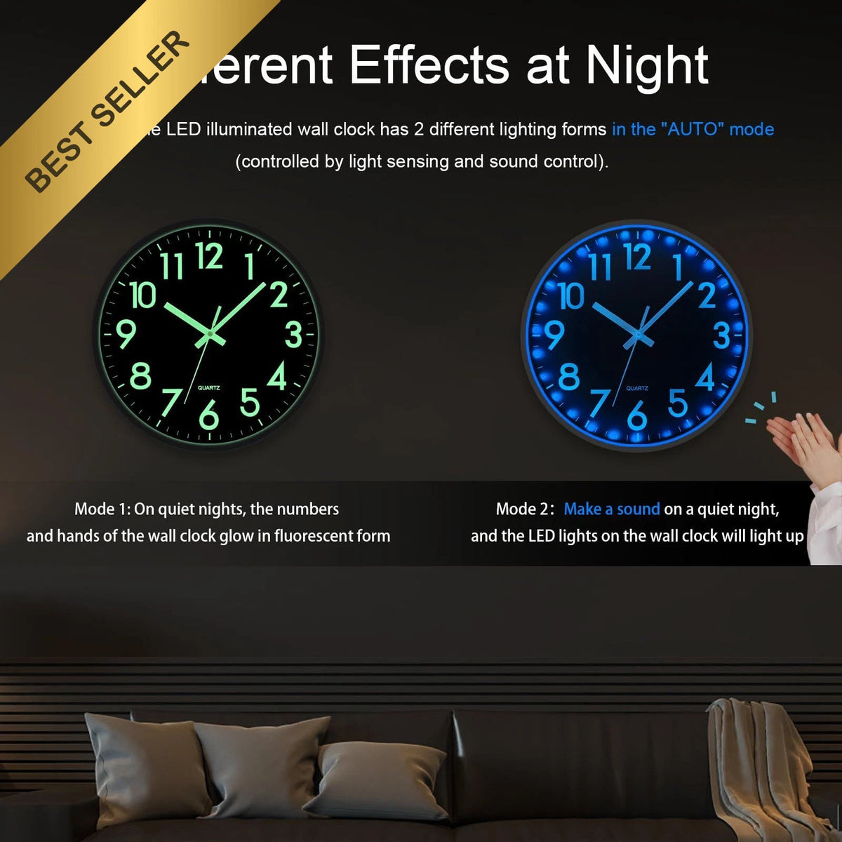 12 Inch LED Wall Clock for Modern Decor (Glow in Dark, Silent, Sound Control)