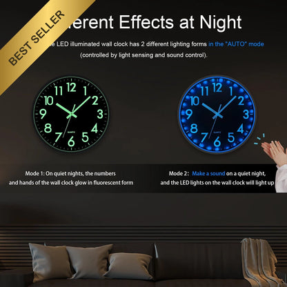 12 Inch LED Wall Clock for Modern Decor (Glow in Dark, Silent, Sound Control)