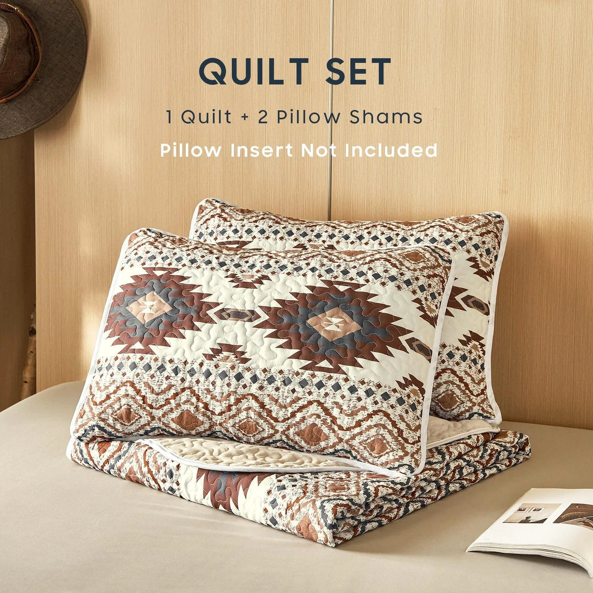 Set of 4 Southwestern Aztec Quilts for King Size Bed (Beige Brown)
