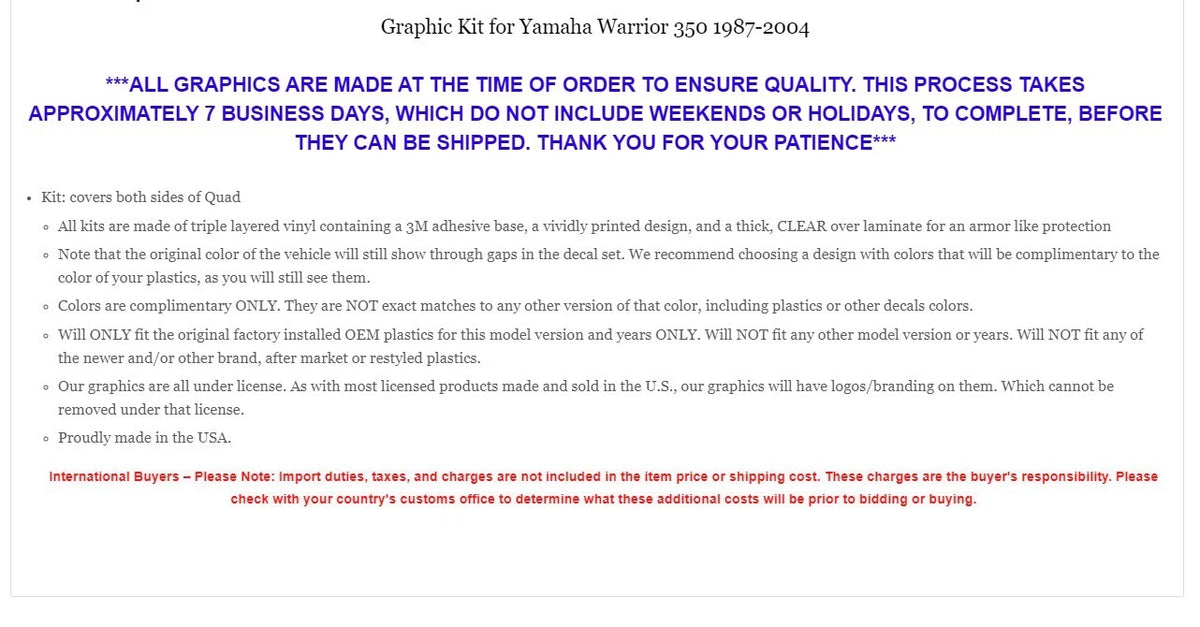 Decal Graphic Kit for Yamaha Warrior 350 ATV (1987–2004)