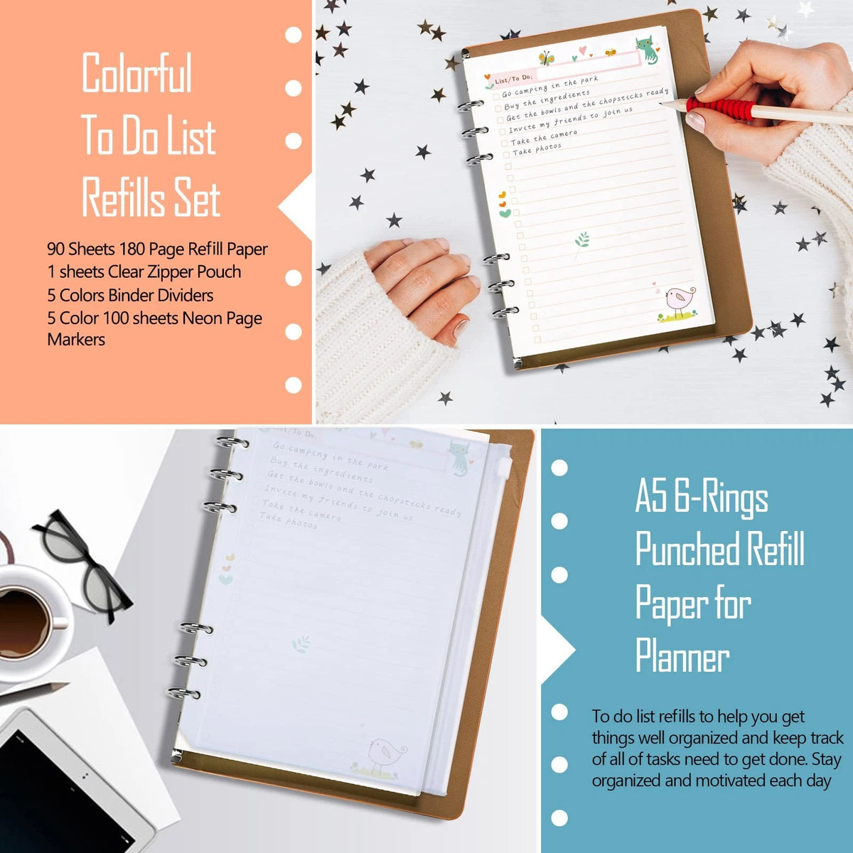 Set of 90 Colorful A5 Planner Inserts for To-Do Lists (6-Ring)