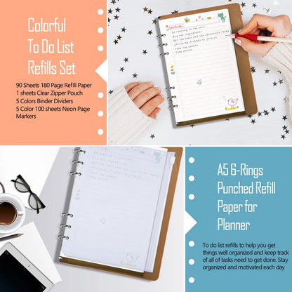 Set of 90 Colorful A5 Planner Inserts for To-Do Lists (6-Ring)