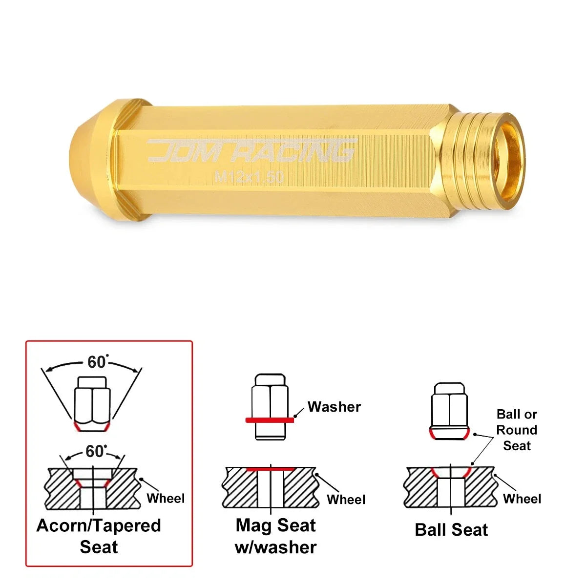 20Pc M12X1.5 Gold JDM Open End Conical Wheel Lug Nuts + Extension 25mmx90mm