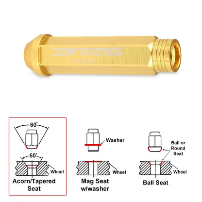 20Pc M12X1.5 Gold JDM Open End Conical Wheel Lug Nuts + Extension 25mmx90mm