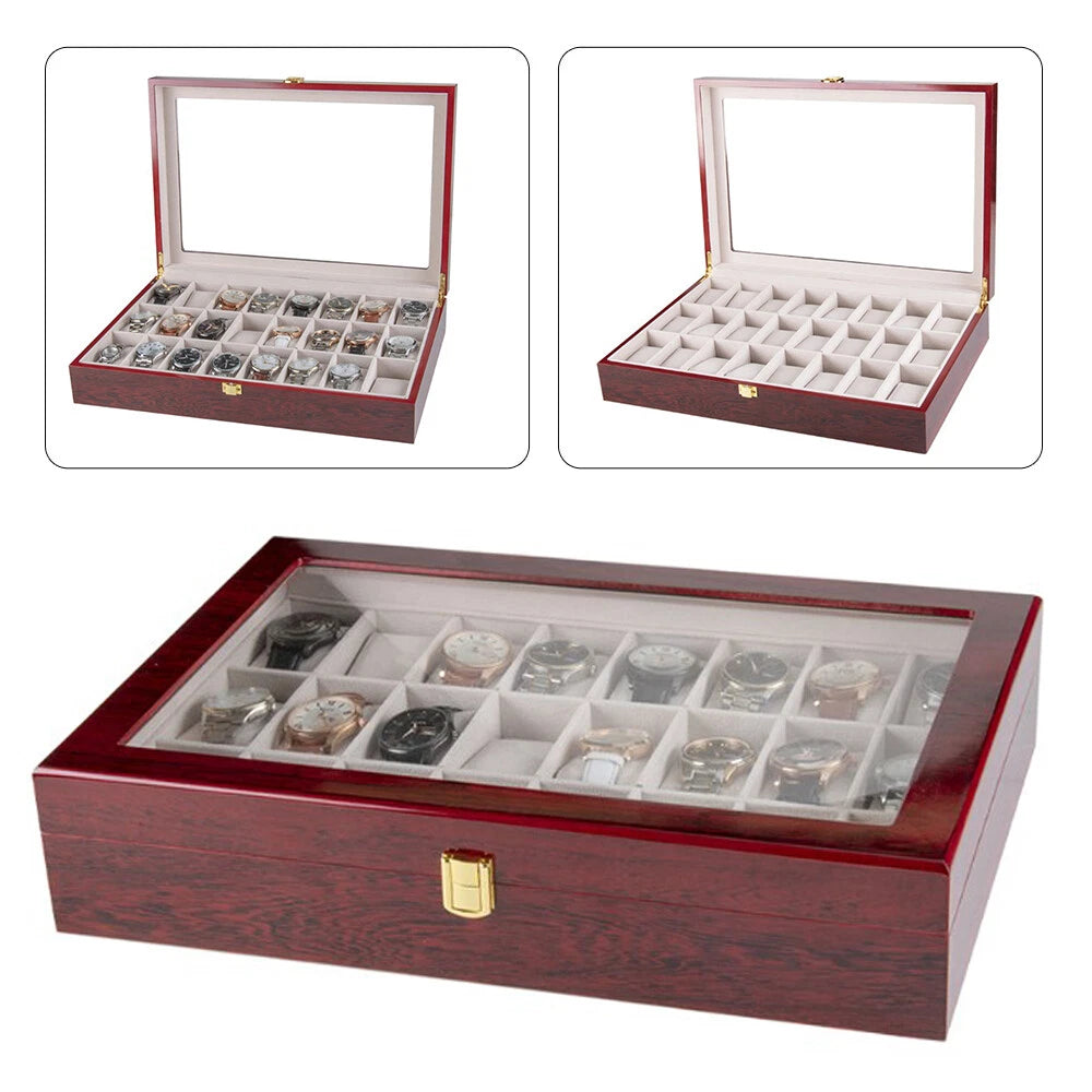 24 Slot Wooden Watch Box Display Case with Glass Top and Lock