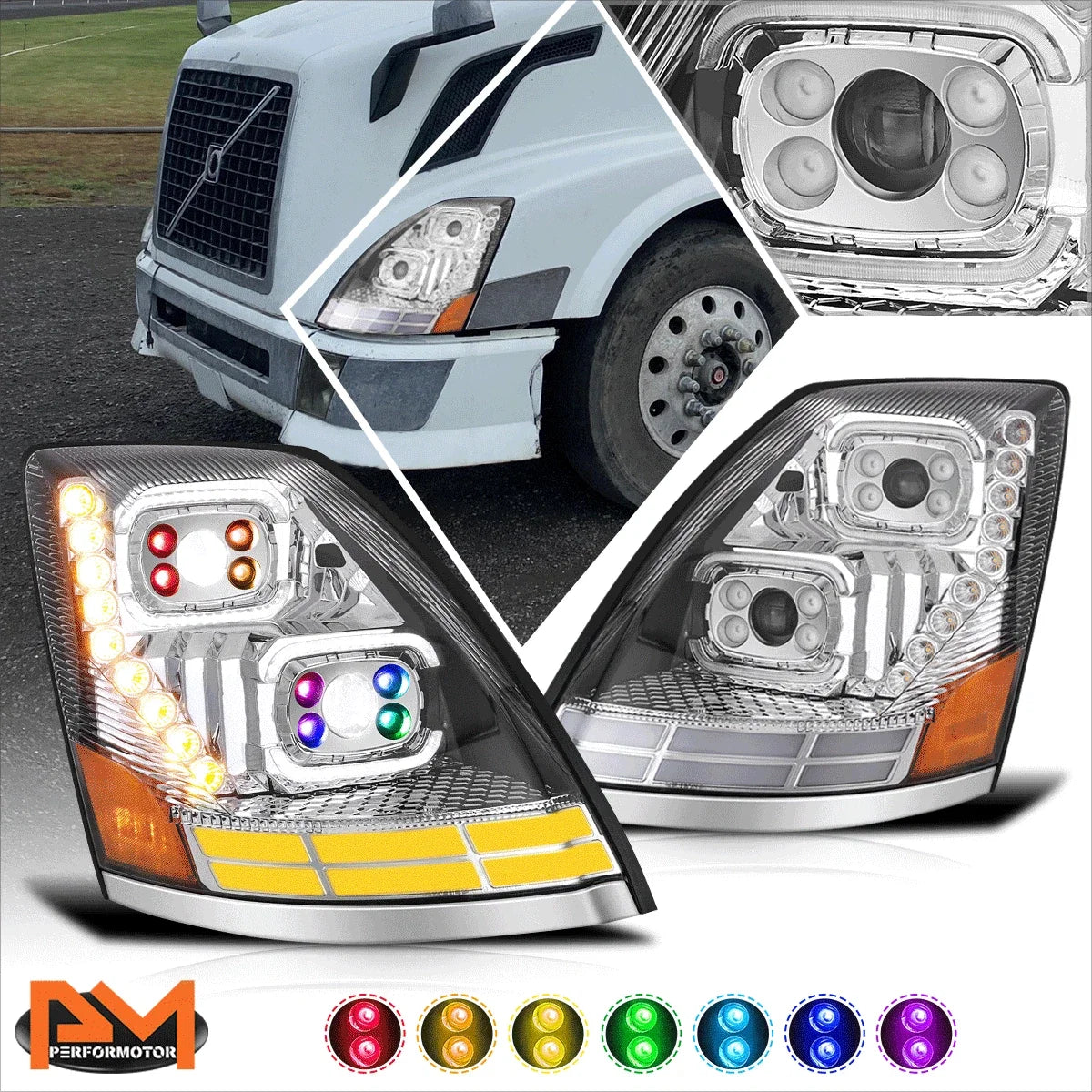 RGB LED DRL Switchback Signal Projector Headlights for Volvo VN VNL (2018–2024)
