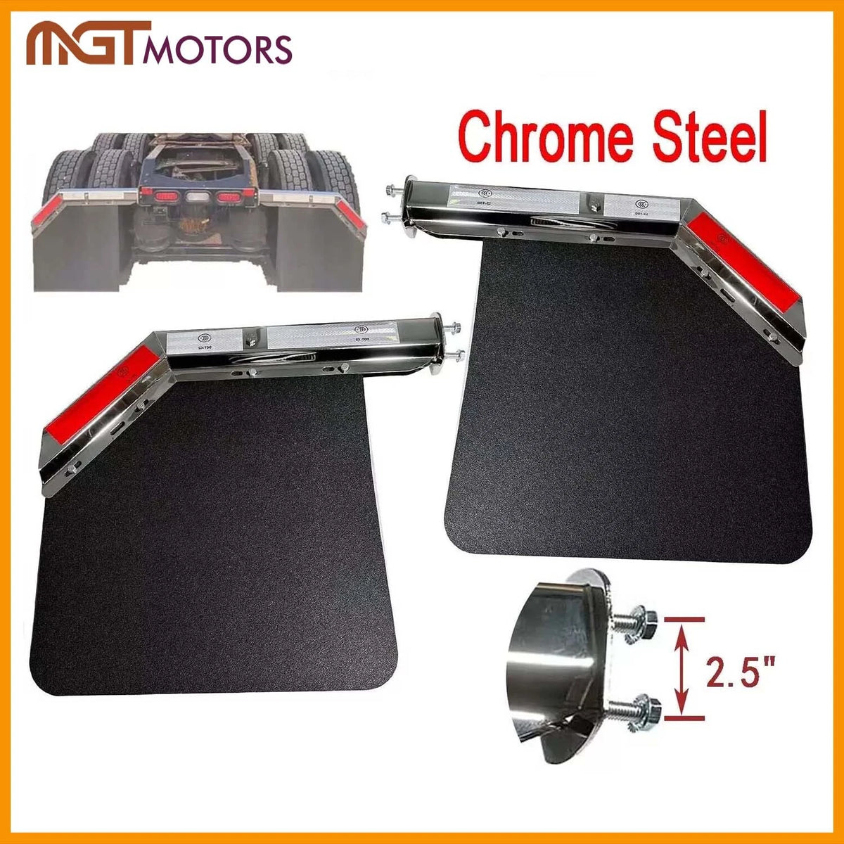 Set of 2 Chrome Angled Spring Loaded Mud Flap Hangers for Semi Truck (902-004, 902-059)