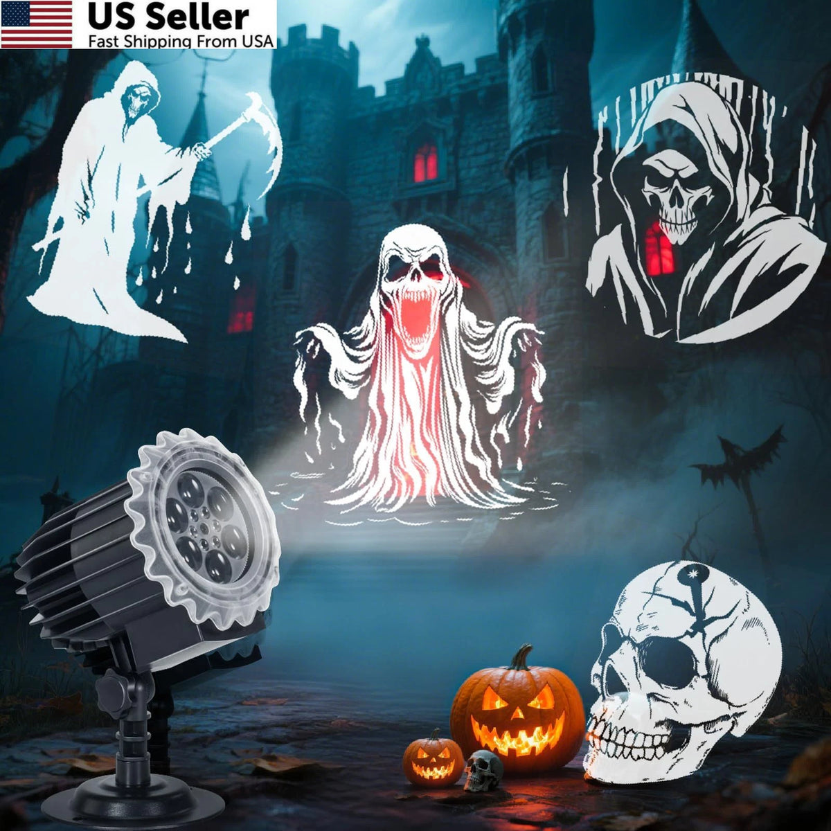 3D Dynamic Rotating Skull Projector Lights for Outdoor Use