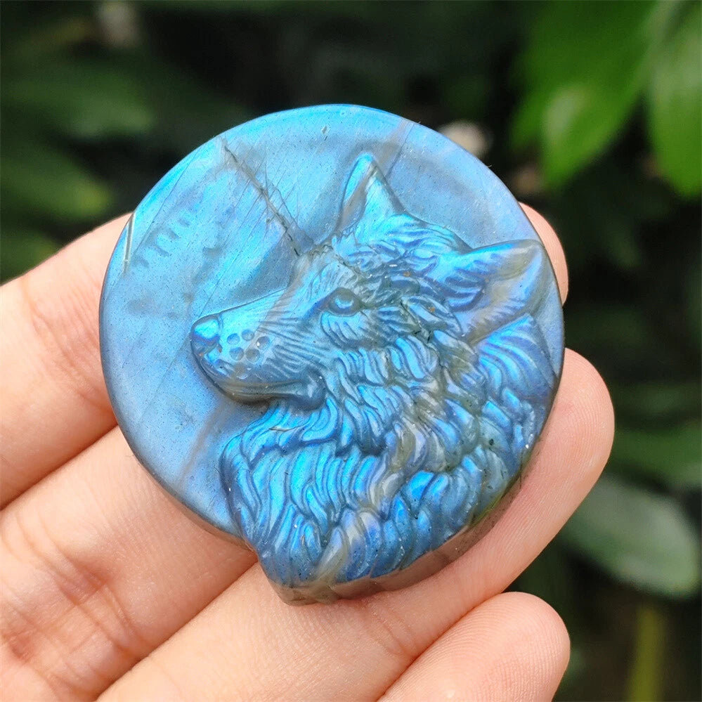2" Hand-carved Labradorite Wolf Quartz Crystal Skull Healing