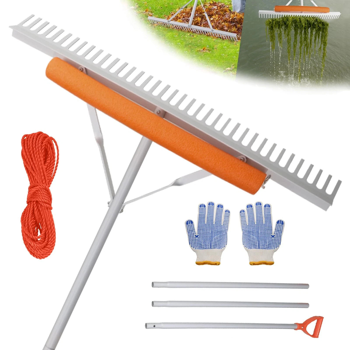 36" Floating Weed Rake for Ponds, 133" Extensible Aquatic Tool