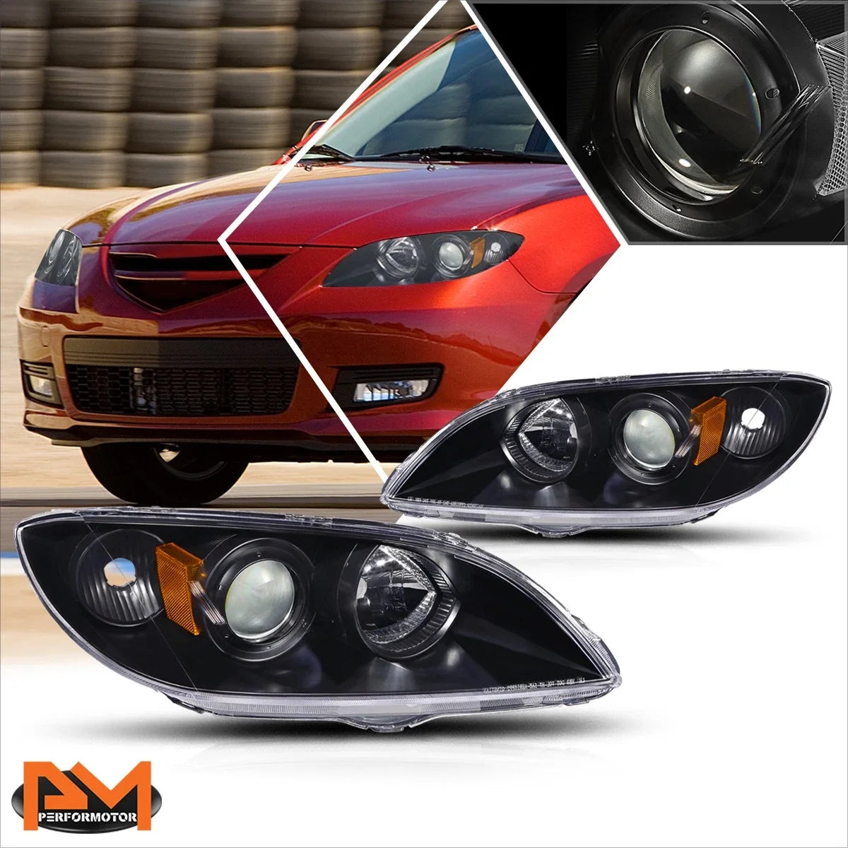 Projector Headlight for Mazda 3 Sedan (2004–2009) Black Housing Amber Corner
