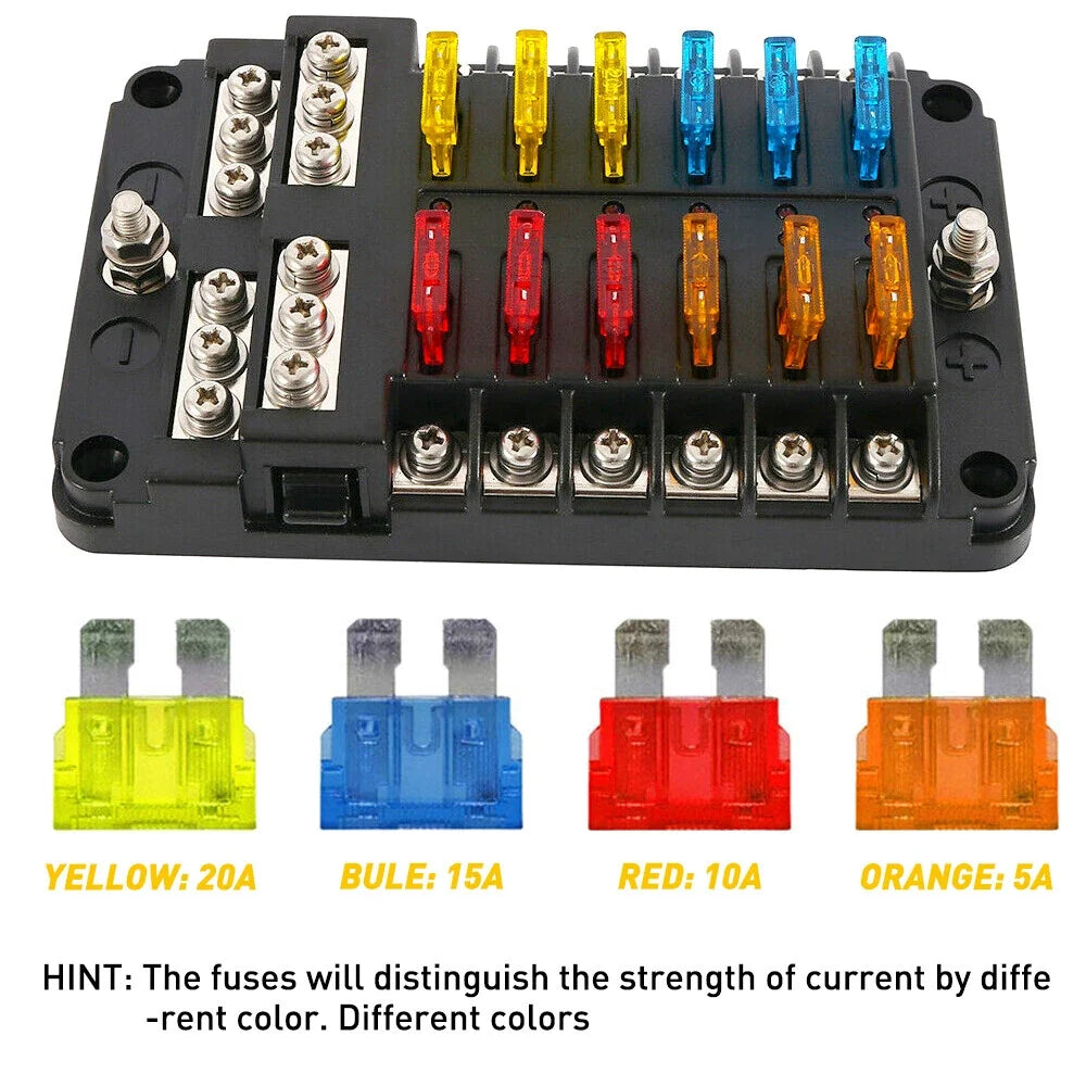 12 Way Blade Fuse Box Holder with LED Indicator for Auto Marine Boat (12V)