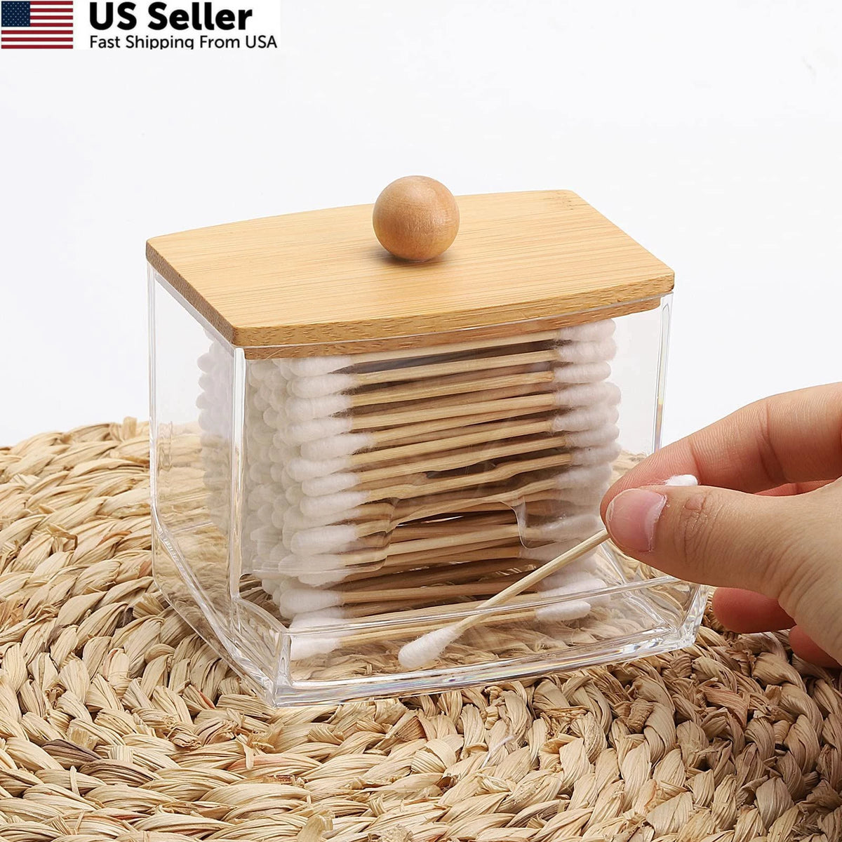 Qtip Holder Dispenser for Universal Use (10oz, Clear with Bamboo Lid)