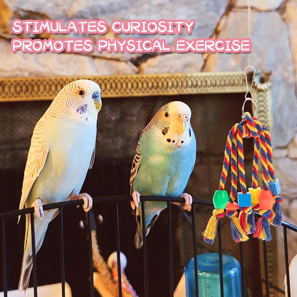 Set of 4 Parakeet Chewing Shredding Foraging Toys with Rope Perch