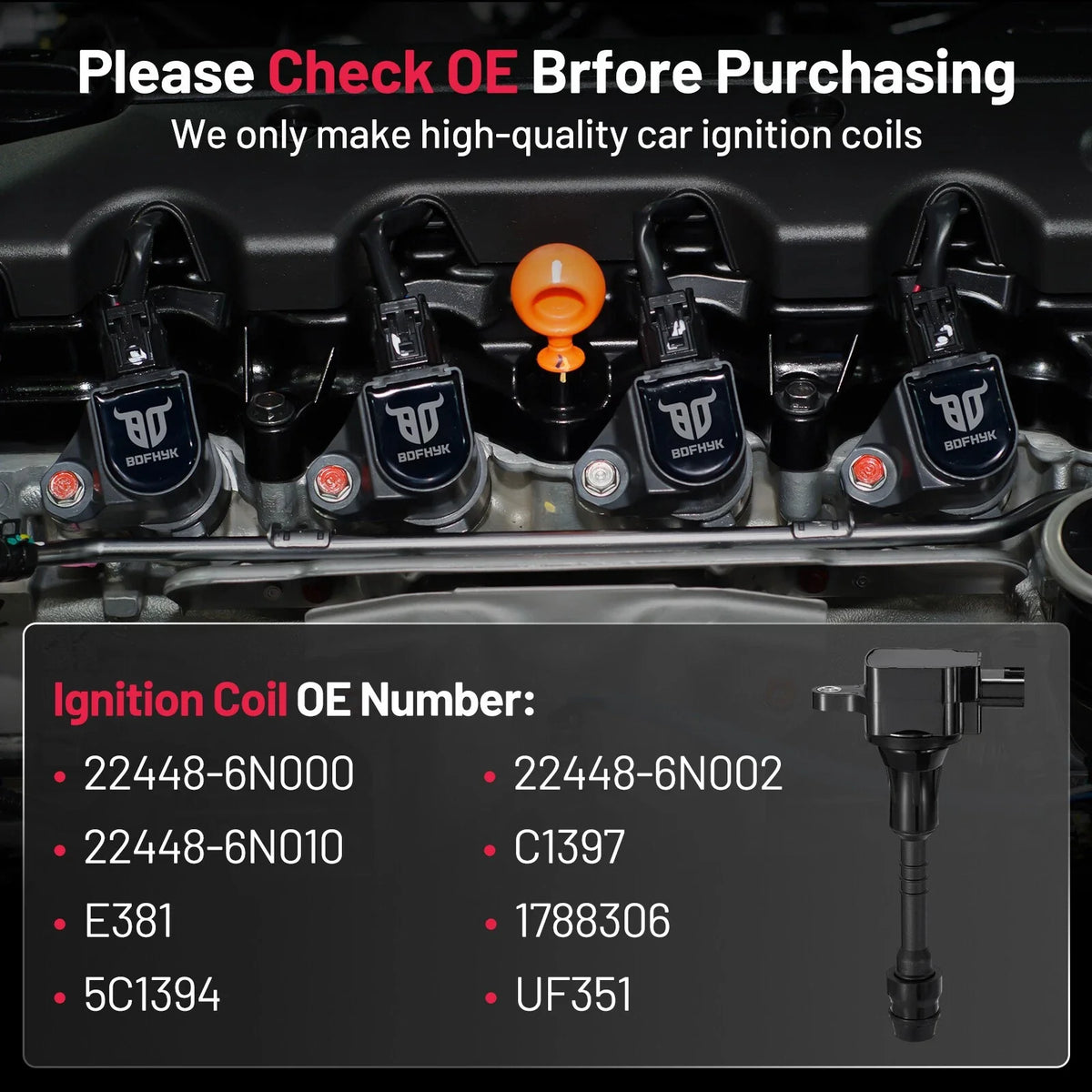 Set of 4 Ignition Coils for Nissan Sentra 1.8L (2002–2006) UF351 224486N015