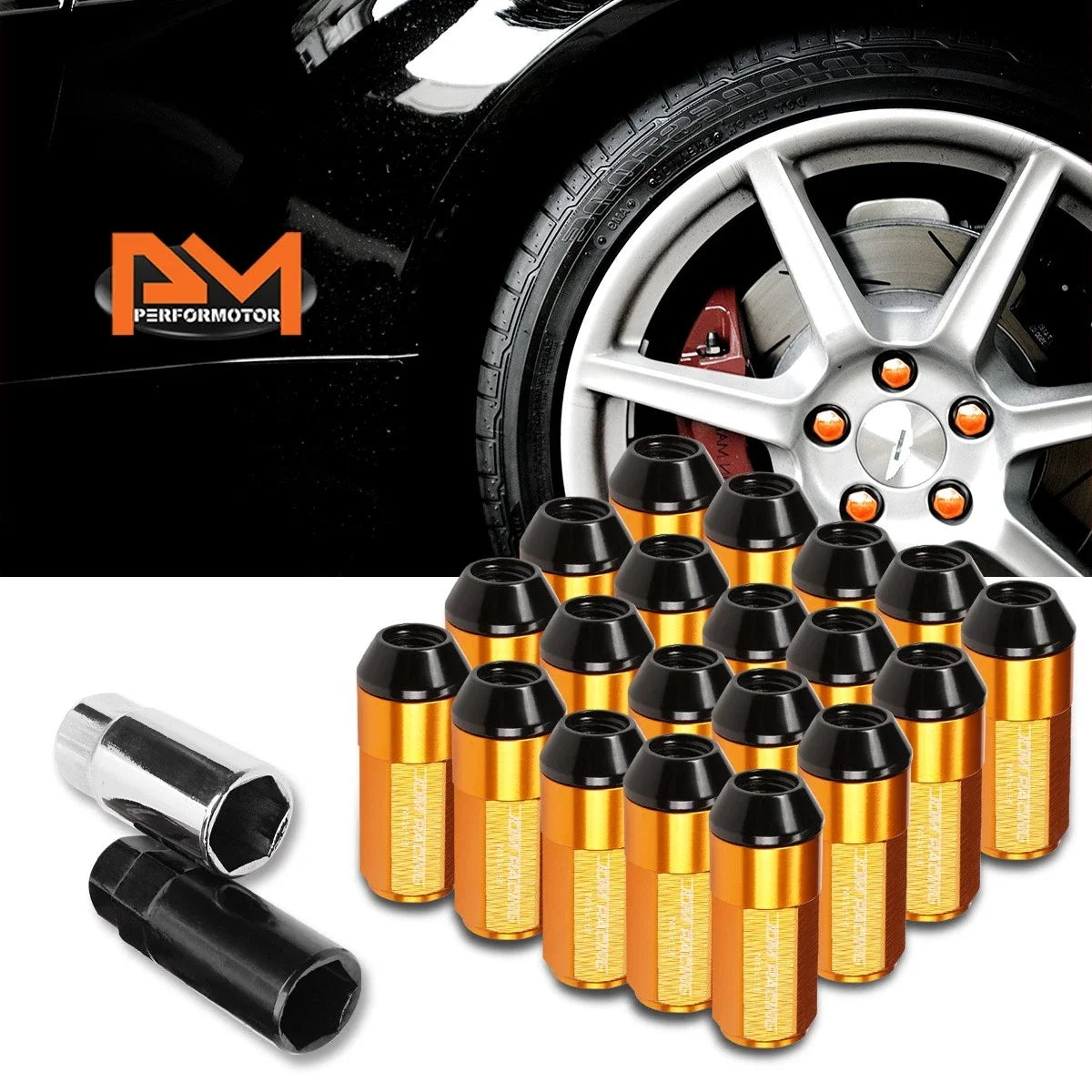 Set of 20 M12X1.5 Orange JDM Cone Seat Hex Wheel Lug Nuts with Cap & Extension
