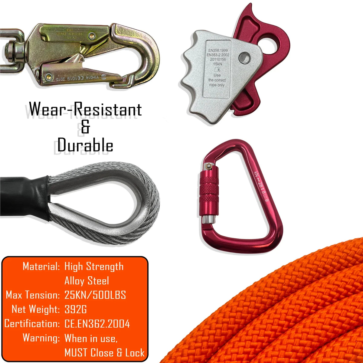 1/2" x 8' Steel Core Climbing Rope Lanyard Kit with Swivel Snap