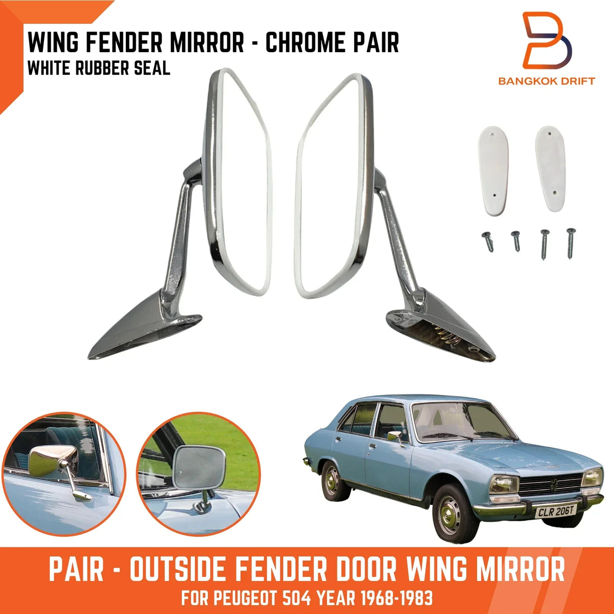 Chrome Fender Door Wing Side Mirrors  for Peugeot 504 (1968-1983)