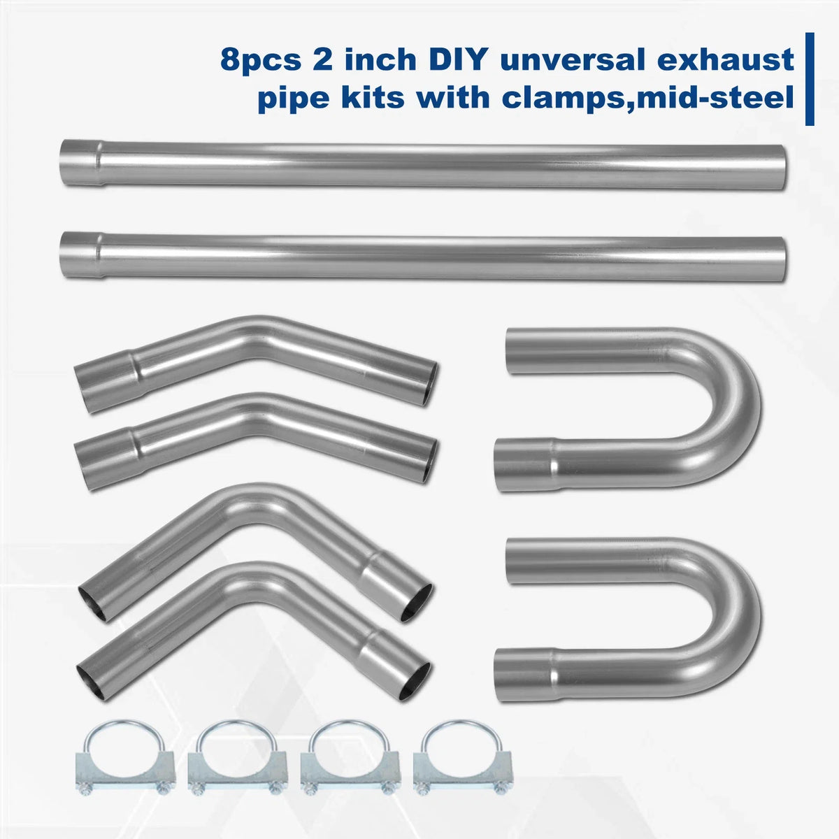 8Pcs 2" Mild Steel Mandrel Exhaust Pipe Bend Kit with Clamps for Universal Fit