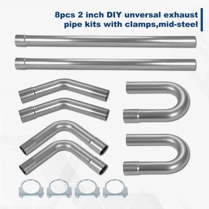 8Pcs 2" Mild Steel Mandrel Exhaust Pipe Bend Kit with Clamps for Universal Fit