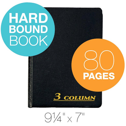 Account Book 7 x 9.25 Inches, Black, 3-Columns, 80 Pages (1 Pack)