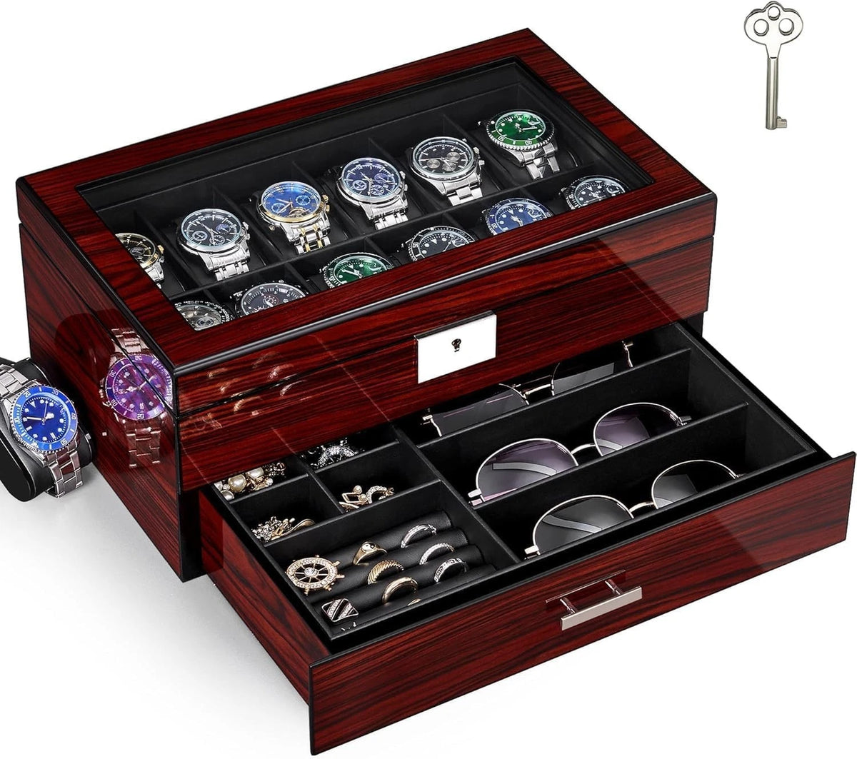 12 Slot Wooden Watch Box for Men (No specific part numbers)