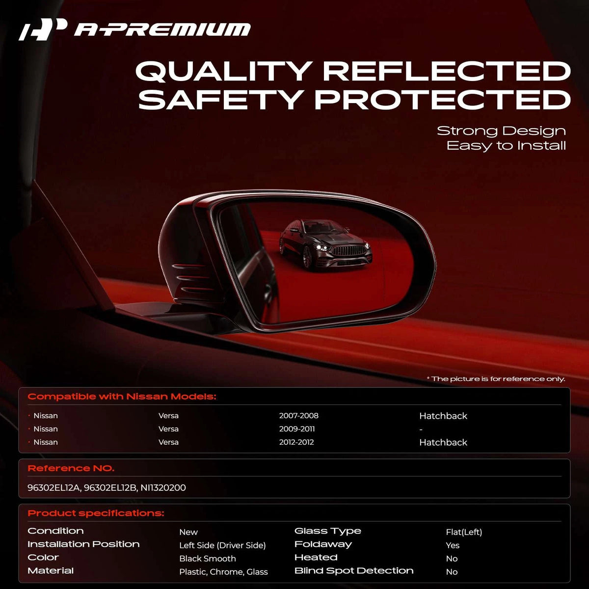 Driver Power Side Mirror for Nissan Versa (2007–2012) 96302EL12A, 96302EL12B, NI1320200