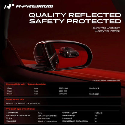Driver Power Side Mirror for Nissan Versa (2007–2012) 96302EL12A, 96302EL12B, NI1320200