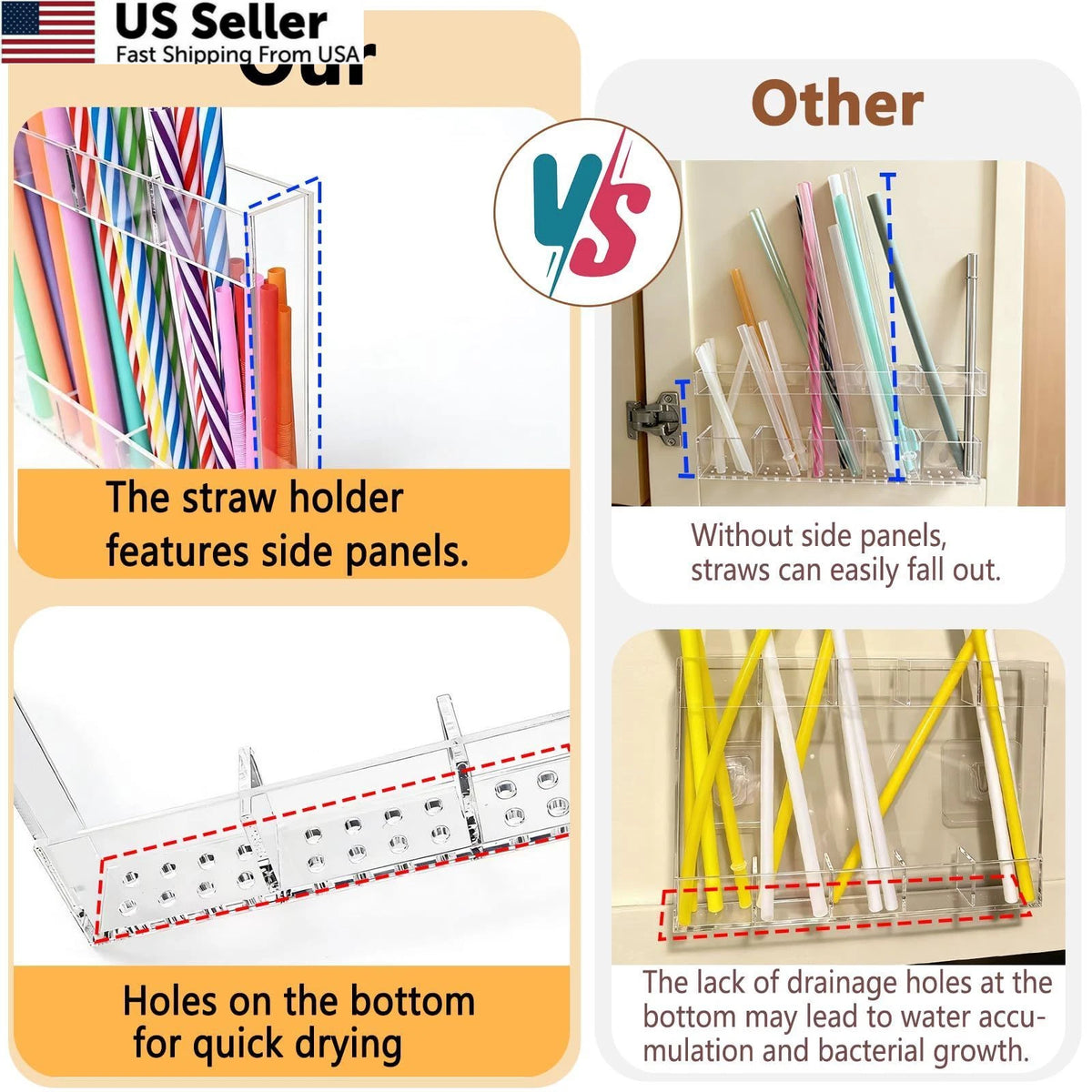 9.5" Acrylic Straw Holder for Cabinet Door - Reusable Clear