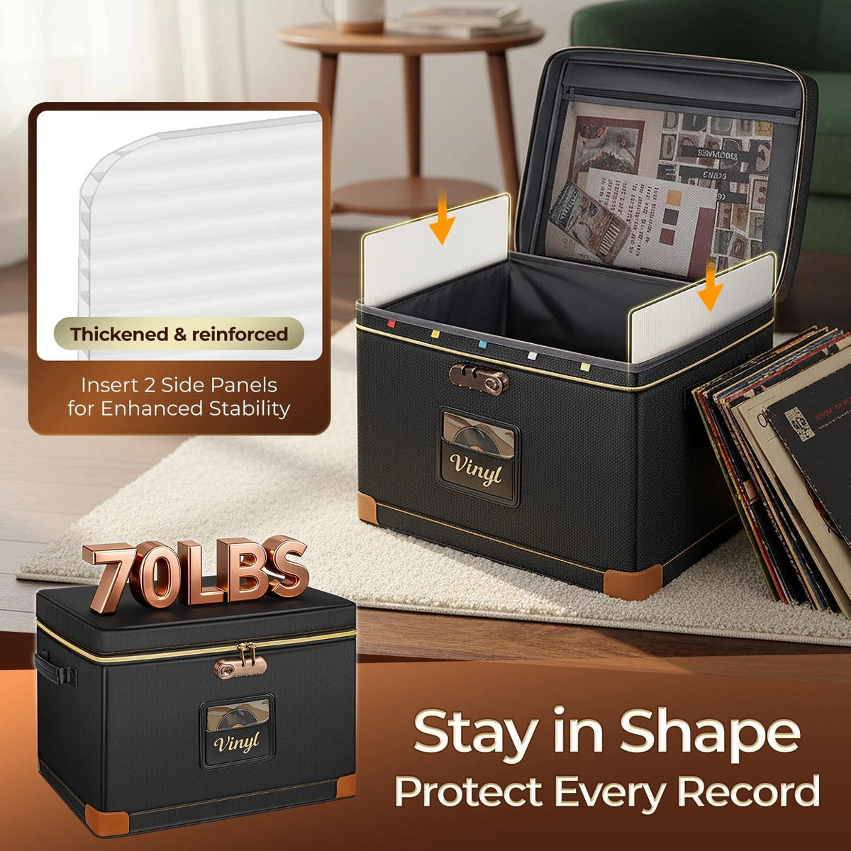 Vinyl Record Storage Box with Lock for (17 x 13 x 13 inches)