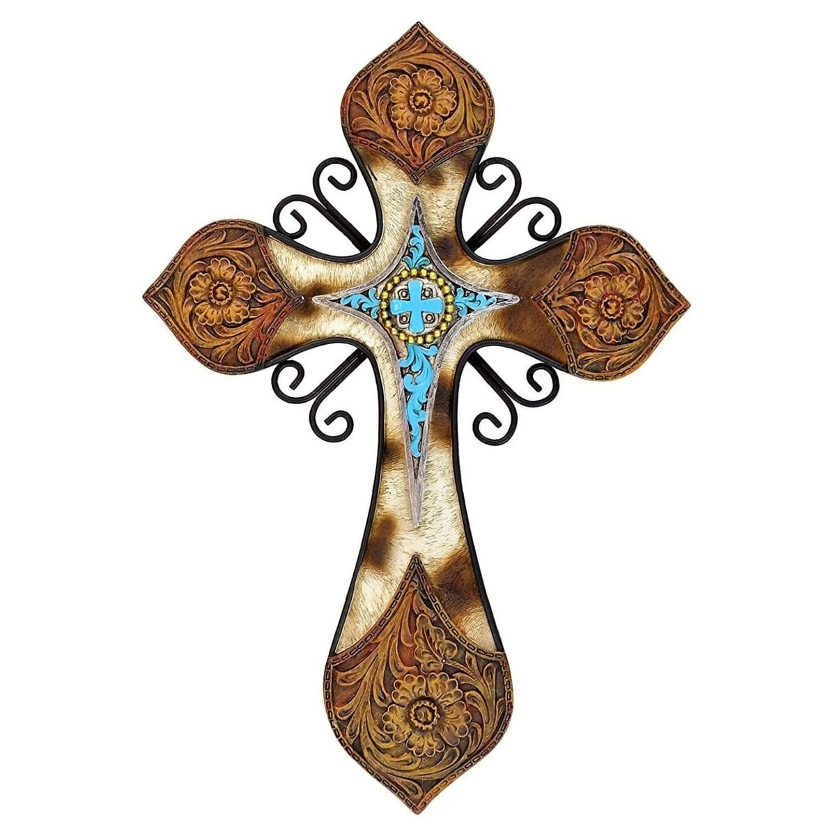 Rustic Cowhide Faux Tooled Leather Wall Cross with Turquoise Center