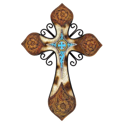 Rustic Cowhide Faux Tooled Leather Wall Cross with Turquoise Center