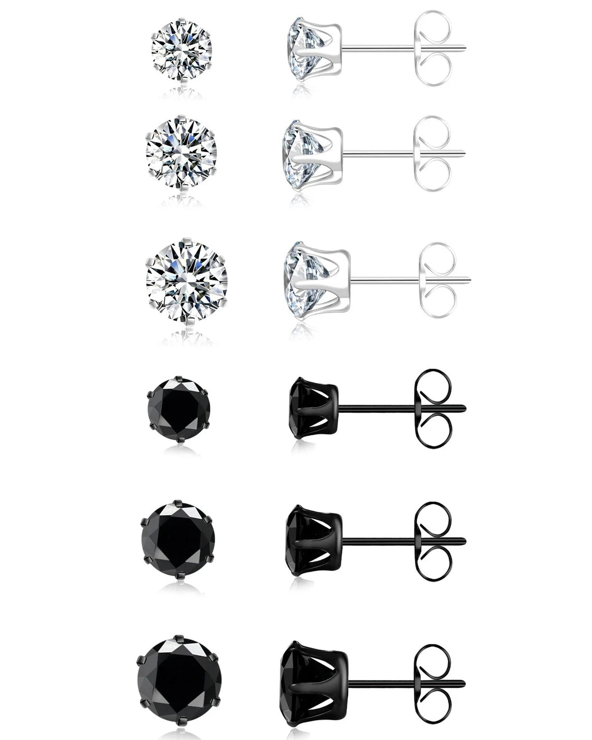 Set of 6 Pairs Stud Earrings for Men Women 3-5mm, Black and Clear Round