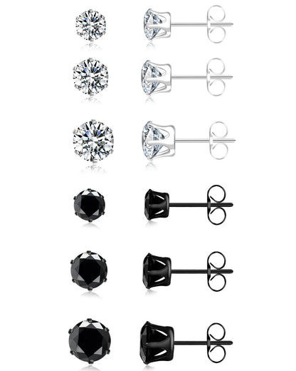 Set of 6 Pairs Stud Earrings for Men Women 3-5mm, Black and Clear Round