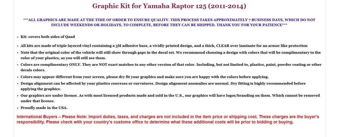 ATV Graphic Decals Stickers for Yamaha Raptor 125 (2011–2014)