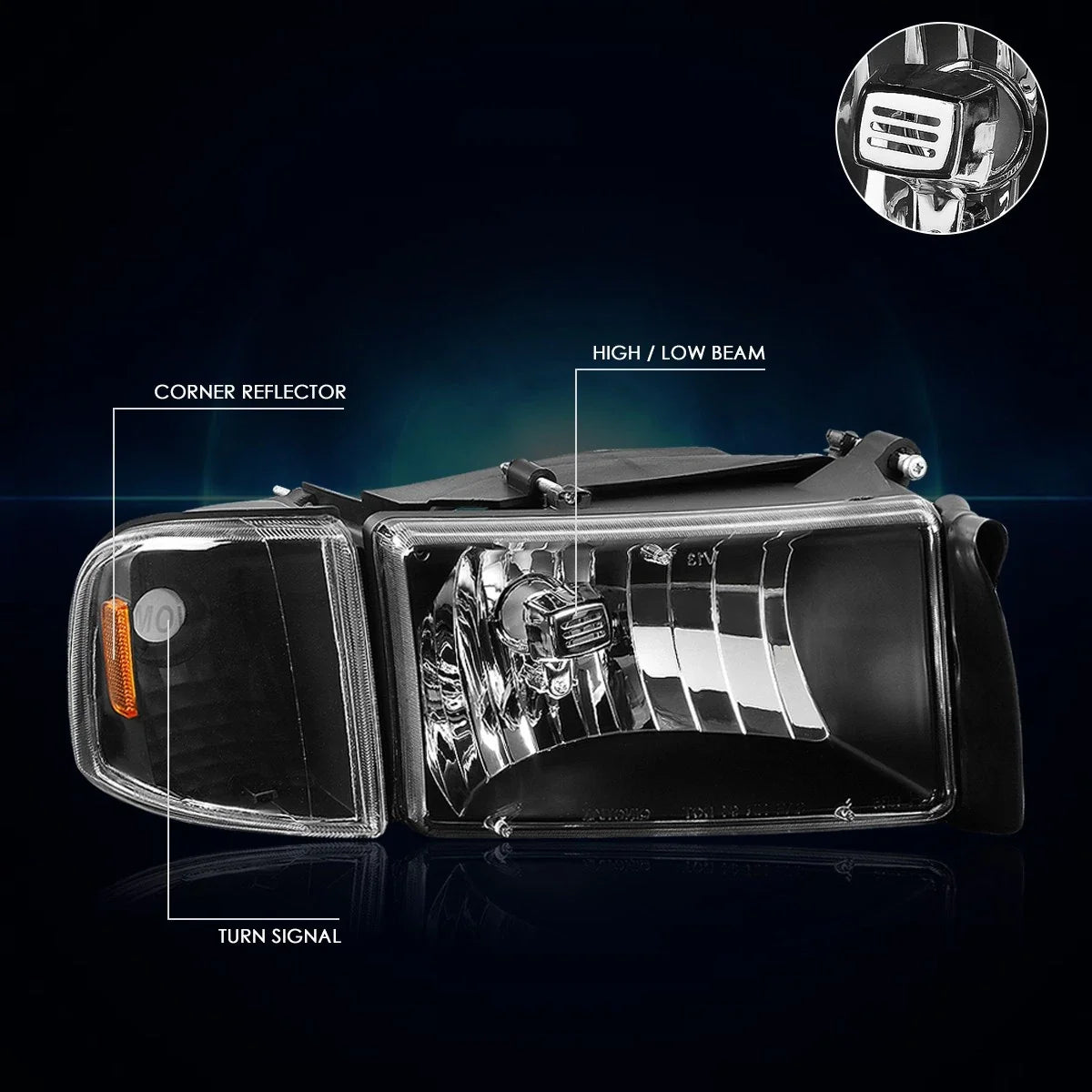 Black Housing Headlight & Amber Corner Signal Lamps for Dodge Ram 1500-3500 (1994–2002)