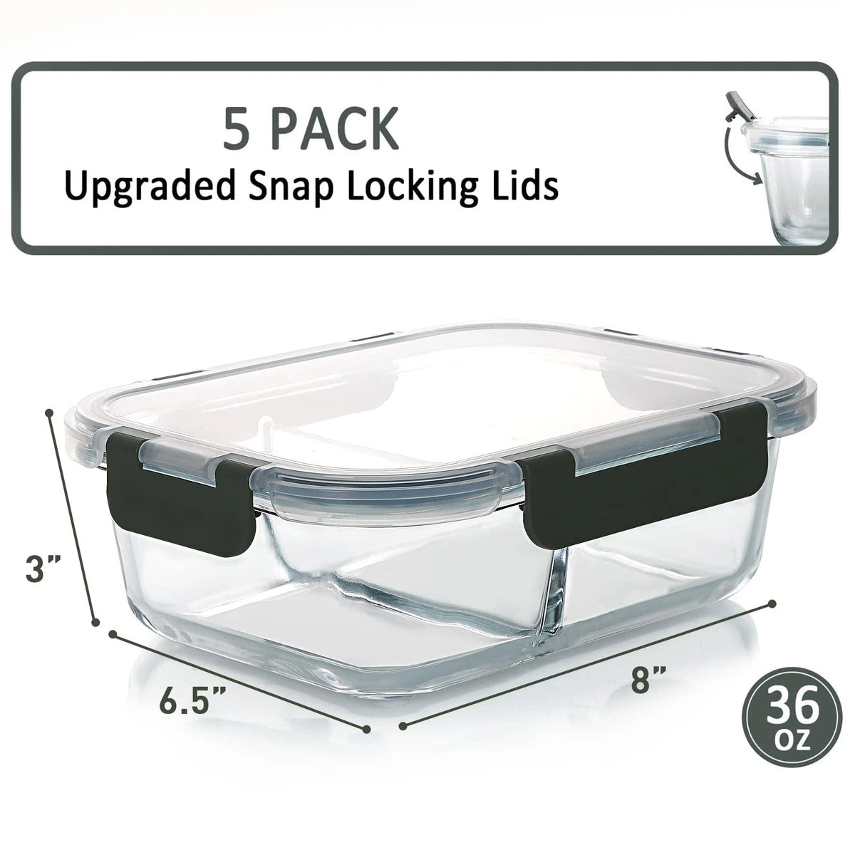 5-Pack Glass Meal Prep Containers for Meal Prep (2 Compartments)
