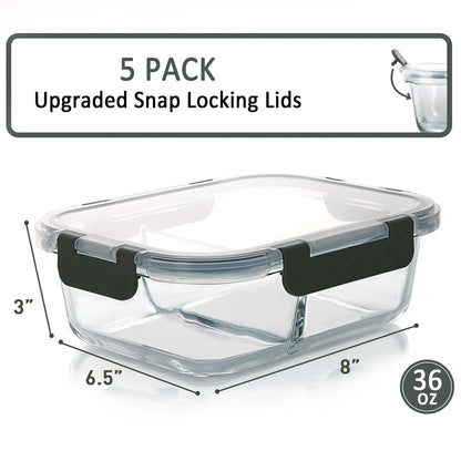 5-Pack Glass Meal Prep Containers for Meal Prep (2 Compartments)