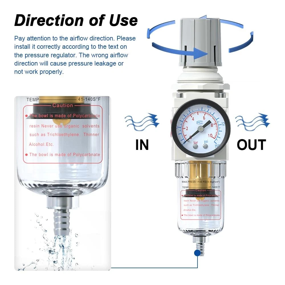 1/4" NPT Air Filter Regulator Combo for Air Tools (2010–2023)