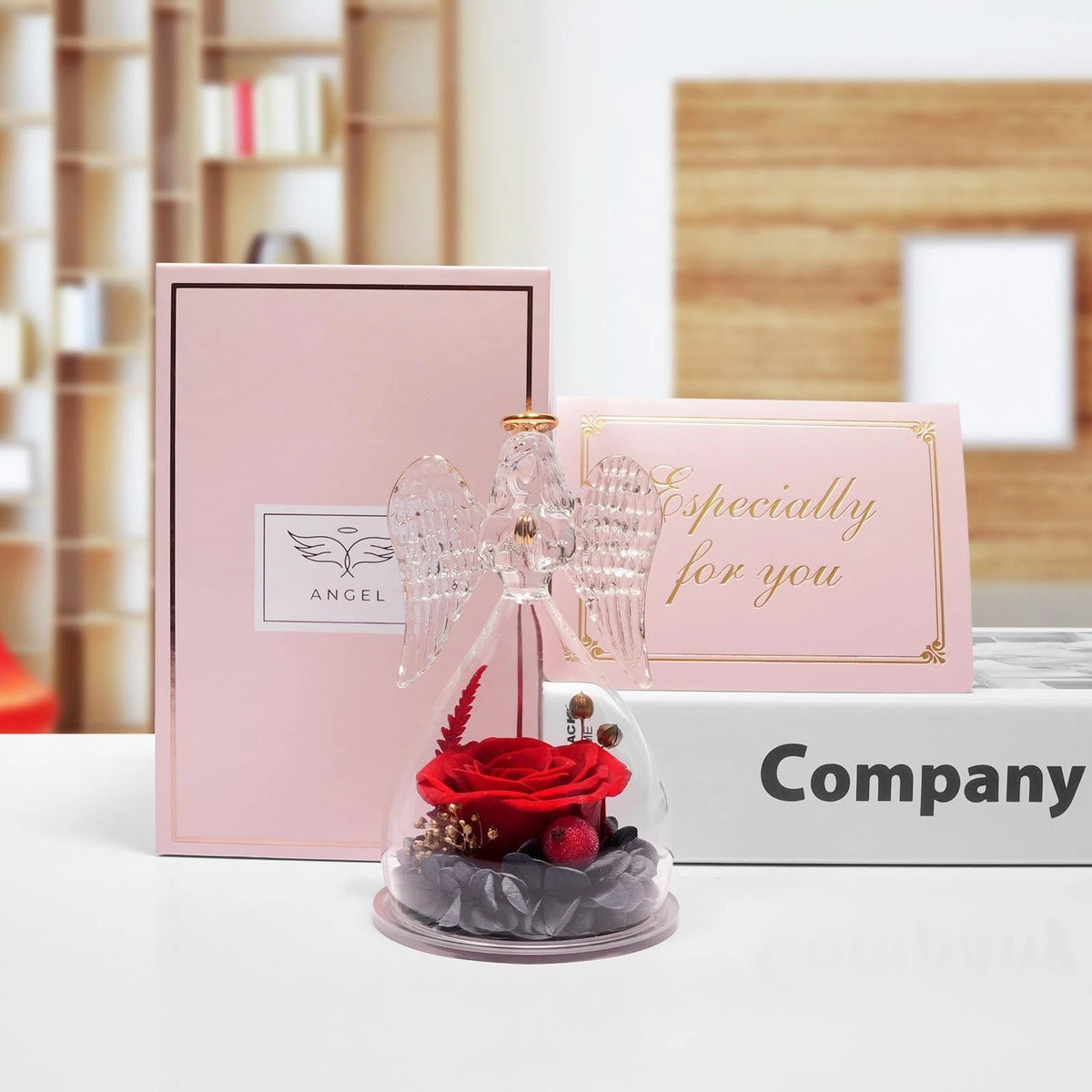 Miofula Preserved Flowers Rose Gifts for Mom, Angel Figurines Forever Red