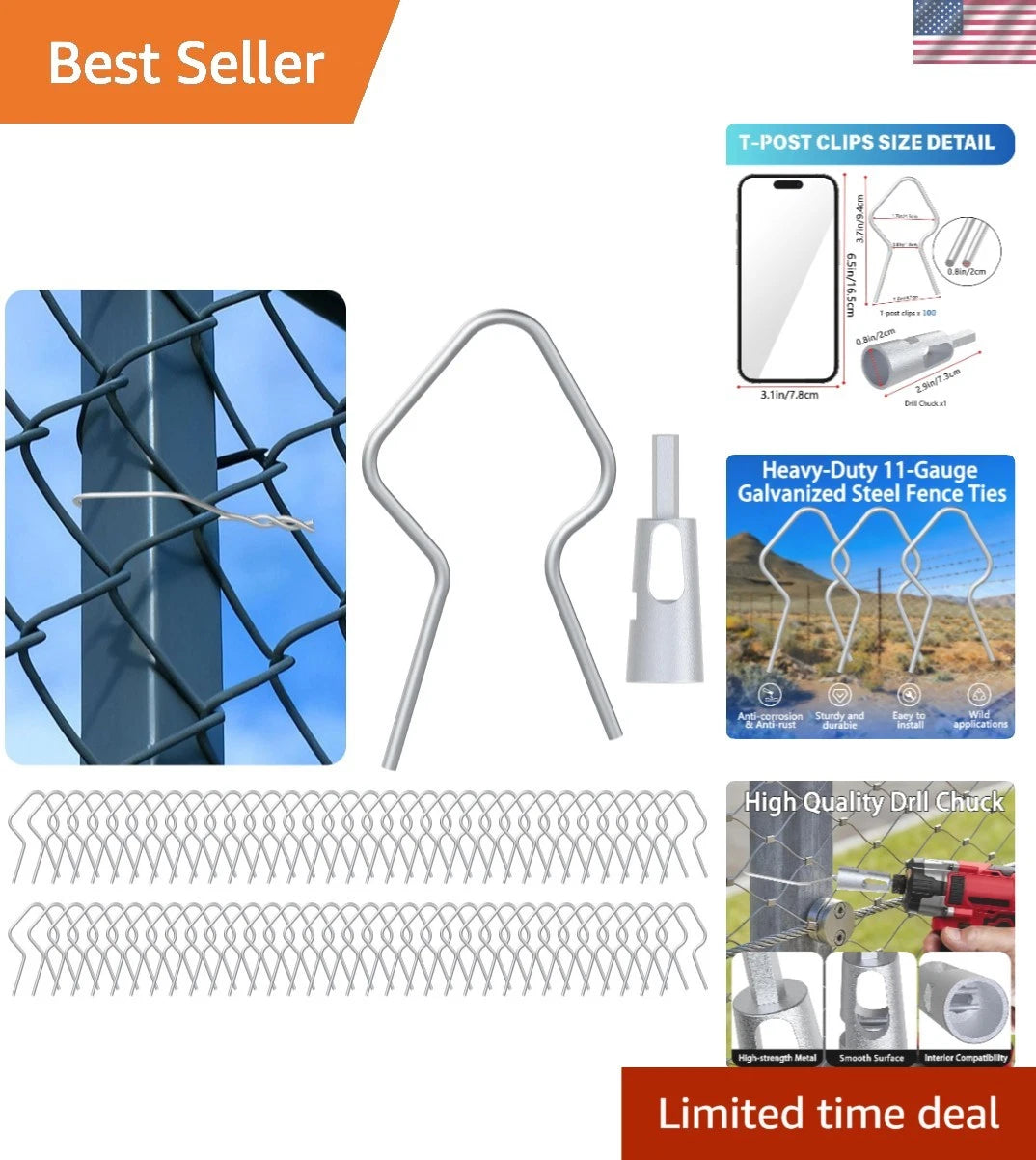 100-Pack Galvanized T-Post Clips with Quick Install Drill Attachment