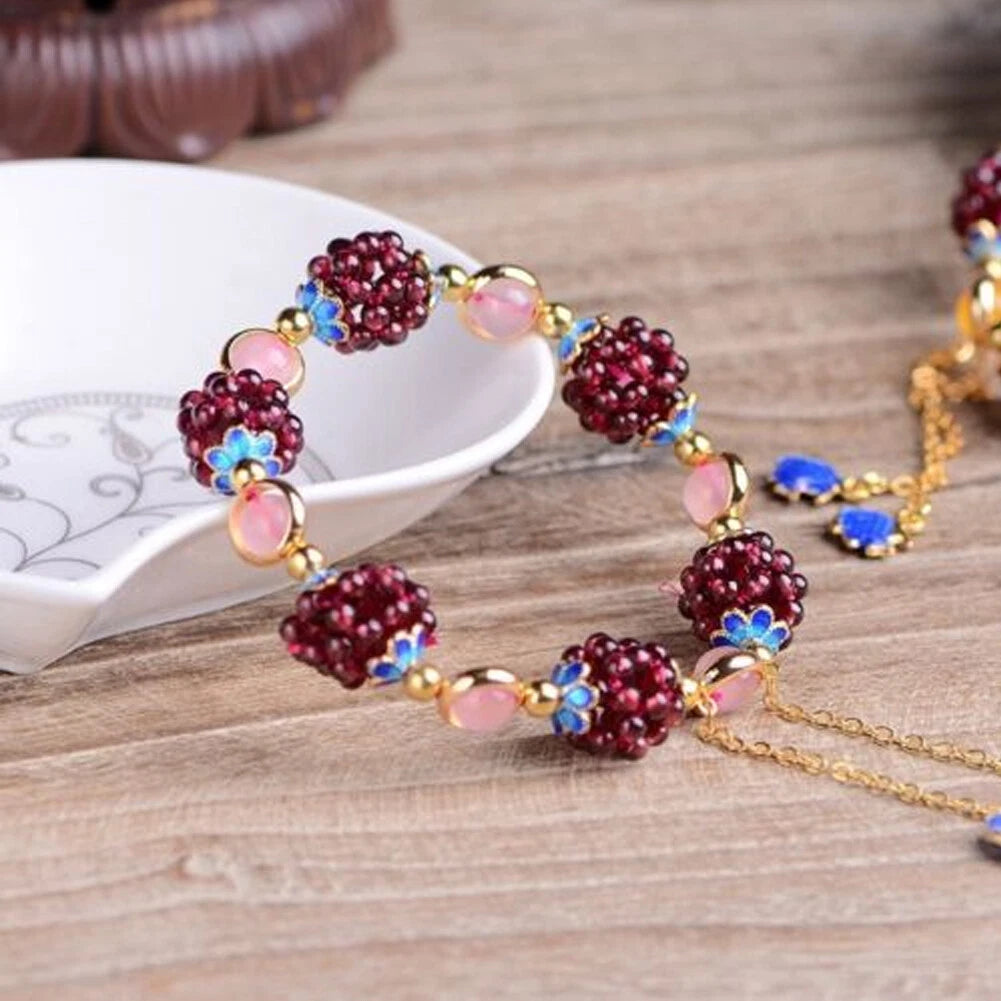Natural Garnet Rose Quartz Round Beads Bracelet for Women Girls