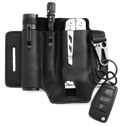 EDC Leather Belt Sheath Organizer for Folded Knives Tactical Flashlights