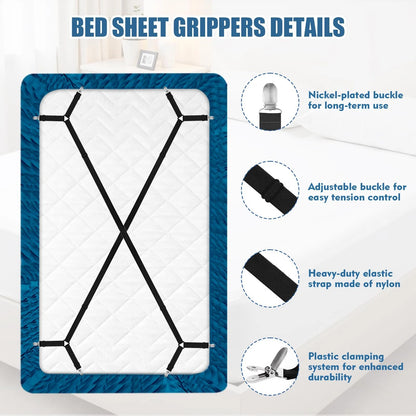 Set of 4 Bed Sheet Straps with Metal Clips - Adjustable Black