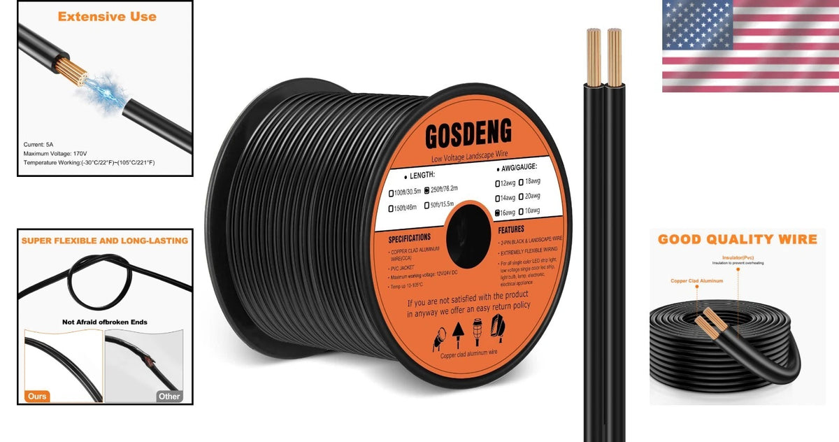 16/2 Gauge Low Voltage Landscape Lighting Wire for Outdoor Use (250FT)