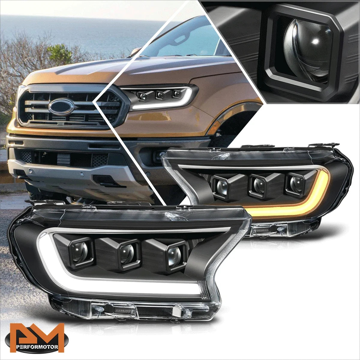 LED DRL Switchback Turn Signal Projector Headlights for Ford Ranger (2019–2023)