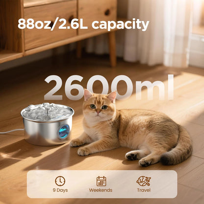 Stainless Steel Cat Water Fountain for Cats (88oz/2.6L)