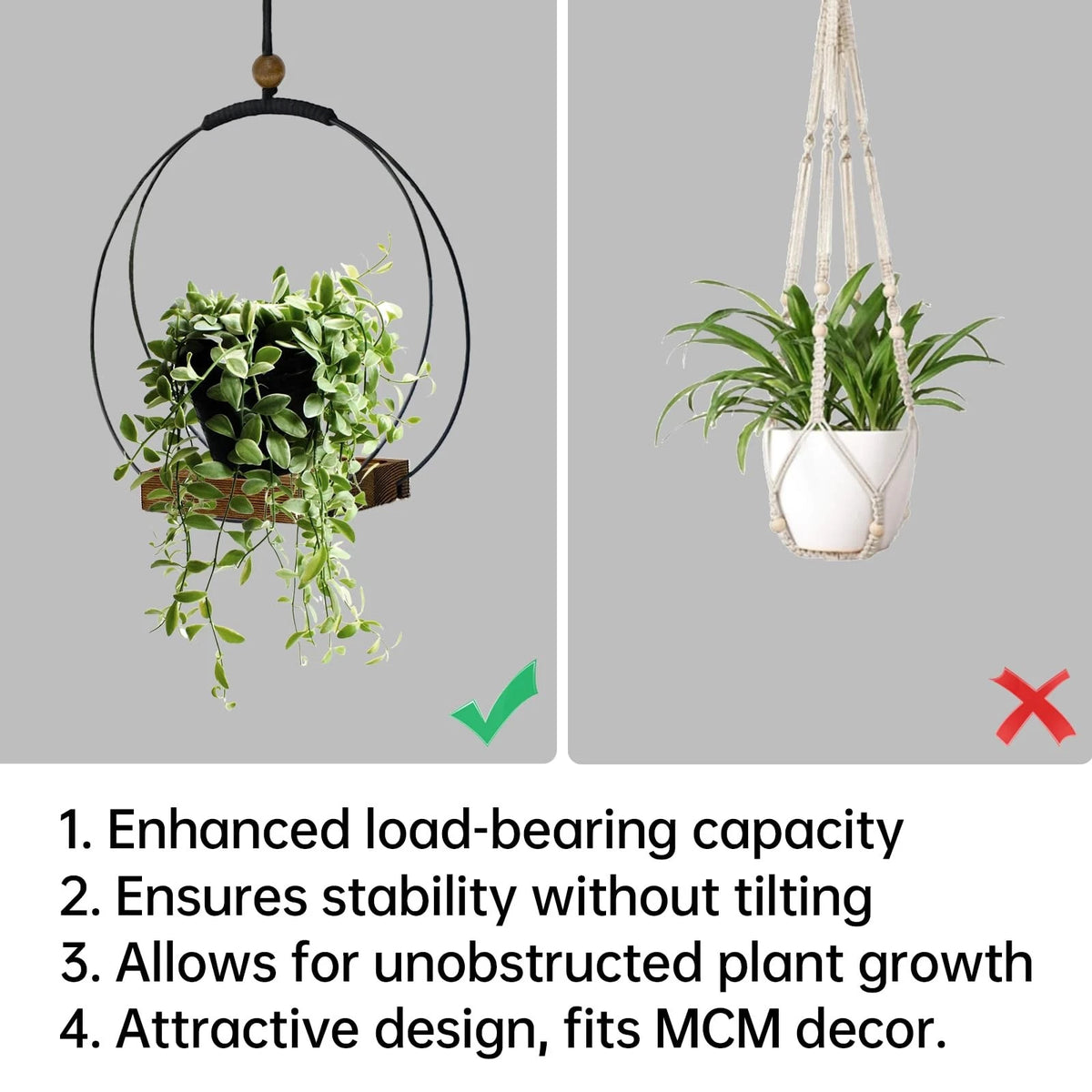 Hanging Planter for Indoor Use - Black Metal/Walnut Wood Base (1 Pack)