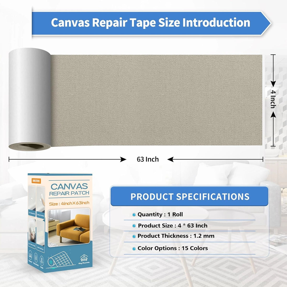 Canvas Repair Tape for Outdoor Gear (4" x 63", Grey)