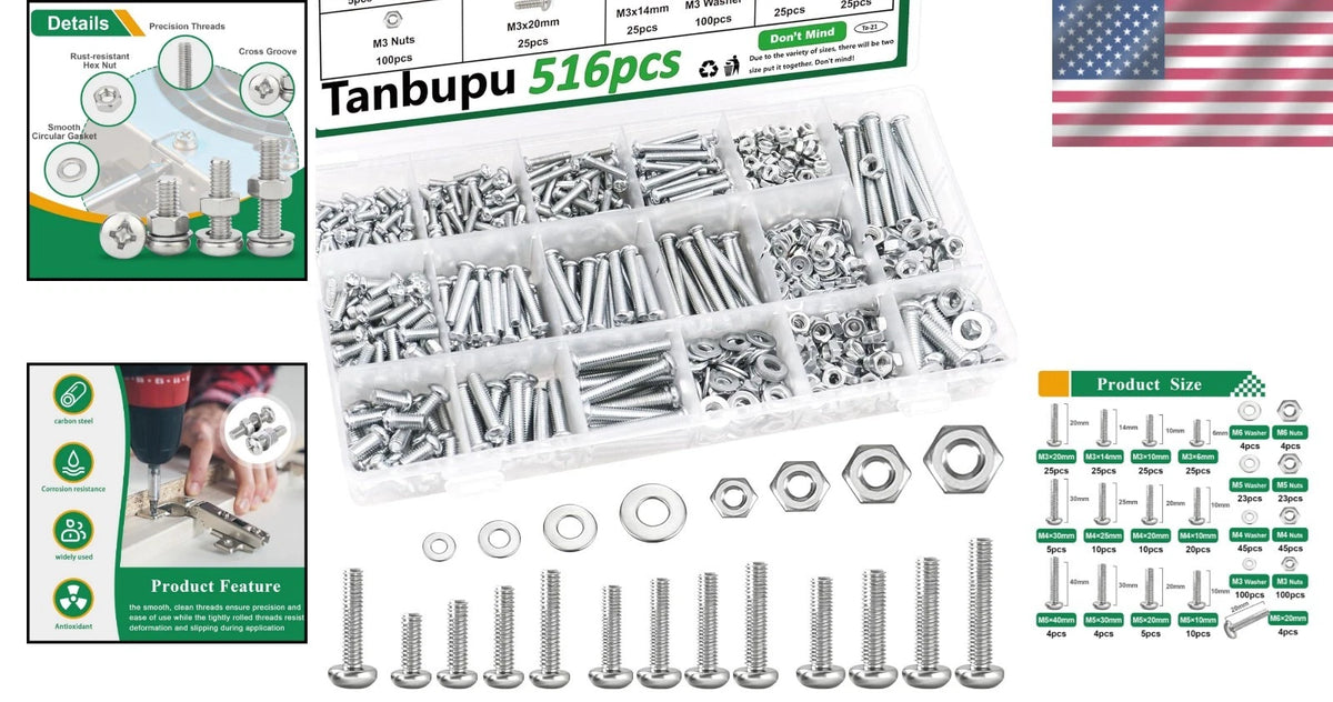 516Pcs Black Nuts and Bolts Assortment Kit for